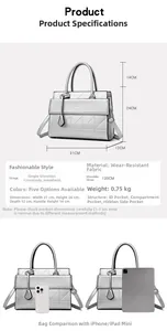 Detailed dimension chart for silver tote bag with geometric texture and size comparison