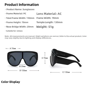 Detailed size chart for oversized PC frame sunglasses with dimensions and specifications