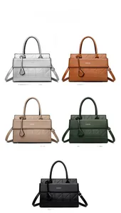 Five colors of quilted leather handbags with top handles and adjustable shoulder straps