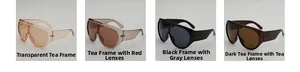 Detailed grid view showing large frame wraparound sunglasses in four trendy color variants