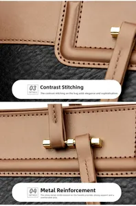 Detailed view of black litchi leather bag with brown contrast piping and gold metal rivets
