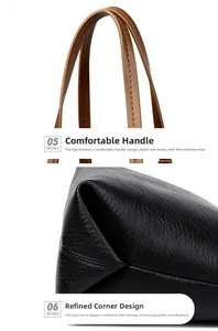 Detail of lychee pattern leather tote bag showing reinforced corners and brown handle