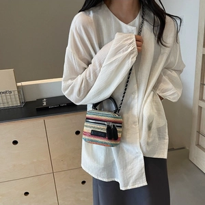 Mini colorful woven crossbody bag with striped embroidery and leather chain strap