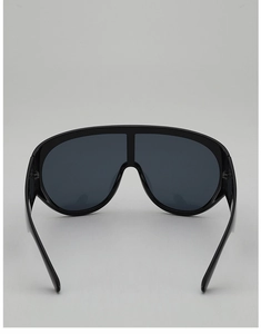 Rear view of black oversized shield sunglasses featuring wide temples and one-piece lens
