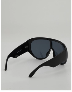 Detail view of model WS8245 black oversized wrap sunglasses with curved frame and temple info