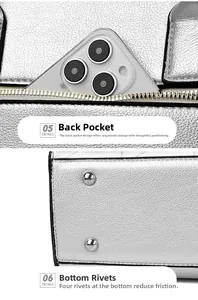 Detail of silver tote bag featuring a rear zipper pocket and four protective metal rivets