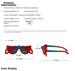 Detailed size chart for foldable cartoon kids sunglasses with PC frame and AC lens