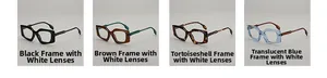 Detail view of four square eyewear frames in black, tea, tortoise, and translucent blue