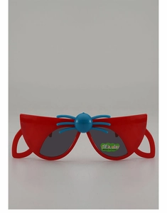 Spider-inspired red folding sunglasses for kids with deep grey UV protective lenses