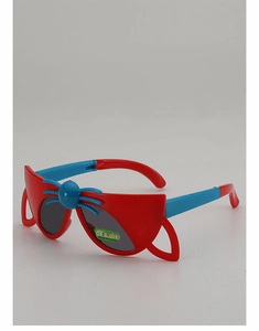 Detail of cute red and blue foldable cartoon sunglasses for kids with durable frame
