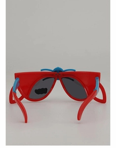 Close-up of foldable cartoon insect-shaped kids sunglasses with red and blue frame