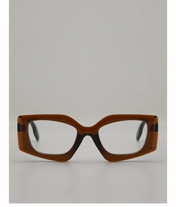 Detail of square brown acetate eyeglass frames with retro geometric thick-rim design