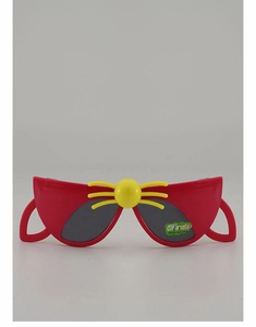 Detail of red cartoon cat-shaped sunglasses frame with yellow 3D whiskers and dark lenses