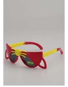 Macro detail of foldable cat-shaped kids sunglasses in vibrant red and yellow finish