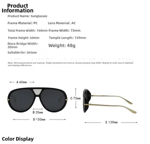 Detailed size chart for oversized aviator sunglasses showing frame and lens dimensions