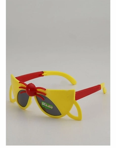Detail of yellow and red folding sunglasses with cute cartoon accents and UV protection
