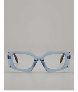 Detailed front view of square transparent blue frames with tortoiseshell patterned temples