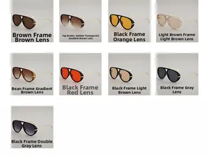 Detailed overview of oversized aviator sunglasses in nine assorted frame and lens colors