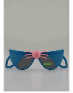 Detailed view of blue cat-shaped kids sunglasses with pink nose and whisker accents