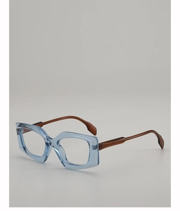 Detailed side view of geometric blue hex eyeglasses with brown ergonomic temples