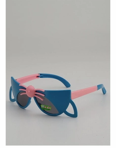 Detailed side view of foldable cat-shaped sunglasses with pink and blue cartoon frame