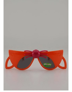 Detail of orange cartoon sunglasses for kids featuring a pink decorative nose bridge