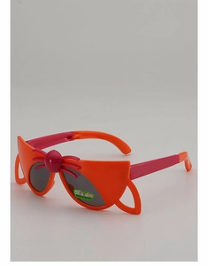 Detail view of foldable orange and pink children sunglasses with bionic decorative elements