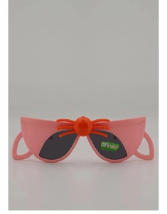 Close-up of pink spider-shaped children's sunglasses with orange decorative accents