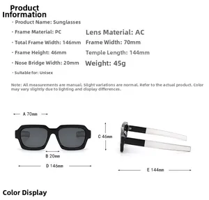 Size chart for PC square sunglasses with detailed frame dimensions and lens specifications