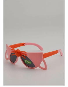 Close-up of pink and orange kids' sunglasses with fun spider design and UV protection