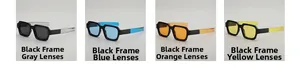 Detail view of square sunglasses in grey, blue, orange, and yellow lens variations