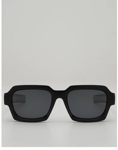 Front view of black rectangular sunglasses with thick frames and dark lenses