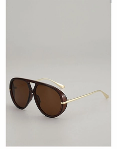 Detail of pilot sunglasses with brown transparent frames and golden metal temples