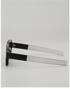 Detail view of square sunglasses featuring stylish black and transparent spliced temples