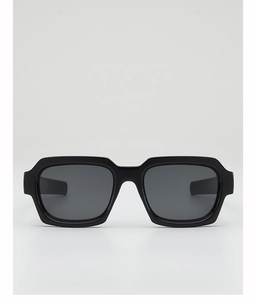 Front view of black rectangular sunglasses with glossy frame and dark grey lenses