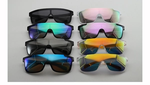 Detailed grid showing 8 color variations of oversized sports sunglasses for outdoor fishing