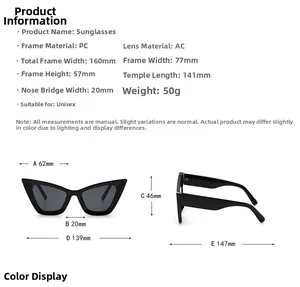 Detailed size chart for retro cat eye sunglasses showing PC frame and AC lens dimensions
