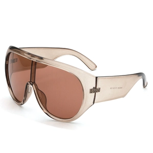 Oversized shield wrap-around sunglasses with translucent brown frame and tinted lenses