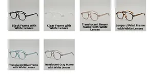 Collage of pilot square glasses frames in black, clear, tawny, leopard, blue, and grey