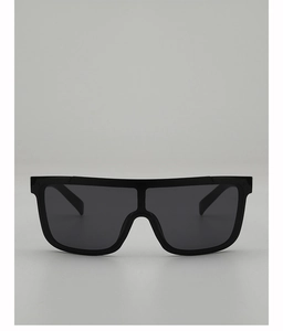 Detailed view of oversized black flat top square sunglasses with seamless lens design