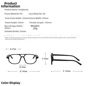 Detailed sizing chart for square double-bridge sunglasses with frame dimensions