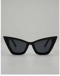 Front view of stylish black cat eye sunglasses with grey lenses on white background