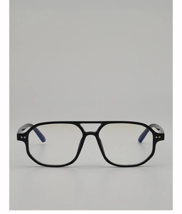 Detail of black double-bridge square eyewear frames with sleek silver metal accents