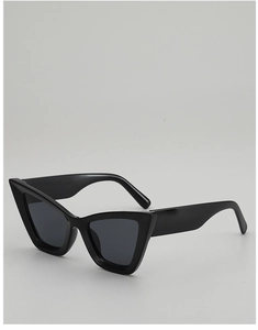 Detail view of classic black cat-eye sunglasses with dark grey UV protective lenses