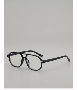 Close-up of stylish black double-bridge square frames with blue light blocking lenses