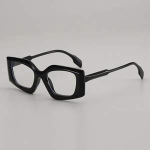 Retro black geometric thick frame glasses with clear lenses shown from a 45-degree angle