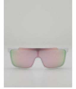 Detail of white oversized shield sunglasses with purple-to-green gradient mirrored lens