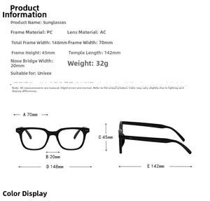 Detailed technical size chart for unisex square frame glasses with dimensions and weight