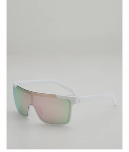 Macro shot of white frame oversized sports sunglasses with colorful mirrored gradient lenses