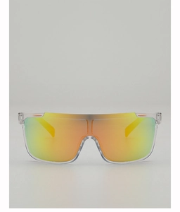 Detail view of large flat top wrap sunglasses with orange gradient mirrored lenses